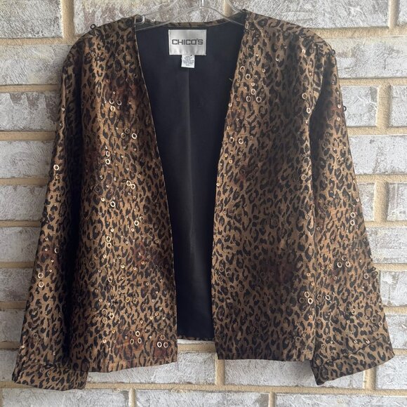 Chico's Long Sleeve Animal Print Sequins Open Front Cardigan Women's Size 1 (M) - Picture 1 of 8